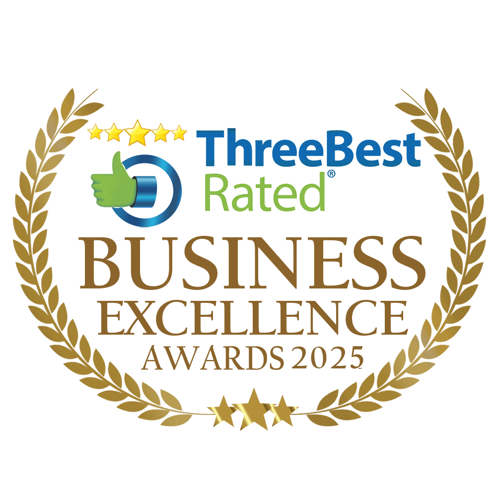 A gold laurel wreath surrounds the text "ThreeBest Rated Business Excellence Awards 2025" with three gold stars and a thumbs up icon above.